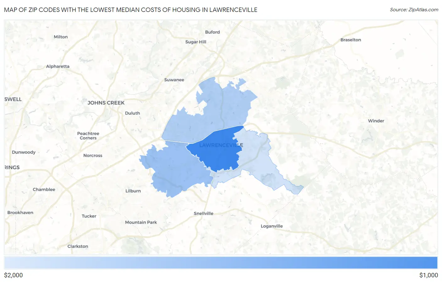 Zip Codes with the Lowest Median Costs of Housing in Lawrenceville Map