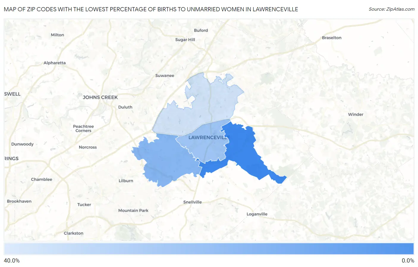 Zip Codes with the Lowest Percentage of Births to Unmarried Women in Lawrenceville Map