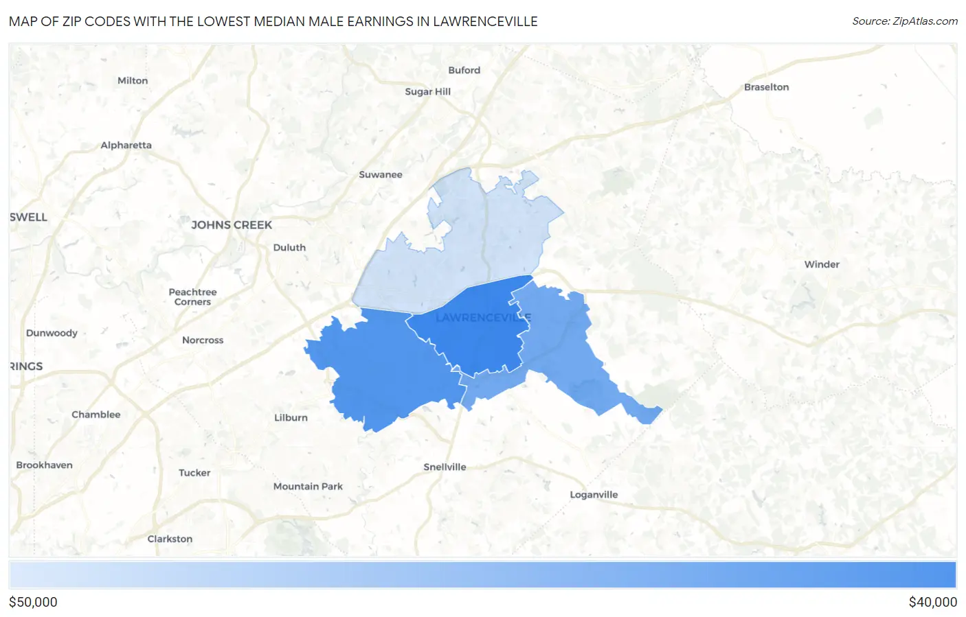 Zip Codes with the Lowest Median Male Earnings in Lawrenceville Map