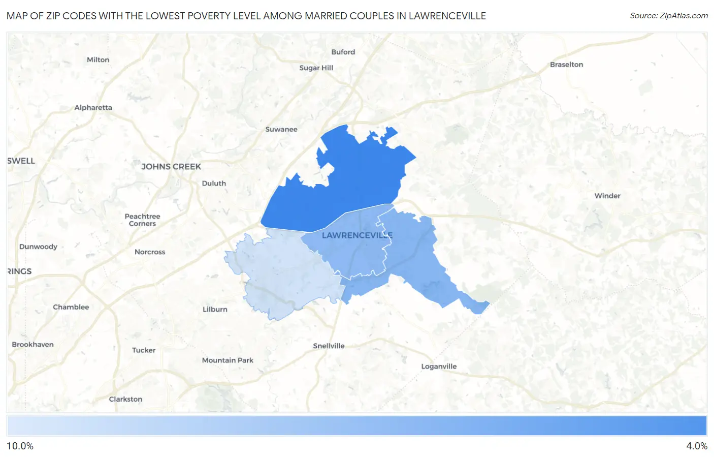 Zip Codes with the Lowest Poverty Level Among Married Couples in Lawrenceville Map
