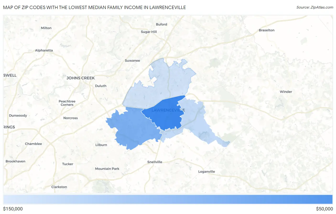 Zip Codes with the Lowest Median Family Income in Lawrenceville Map