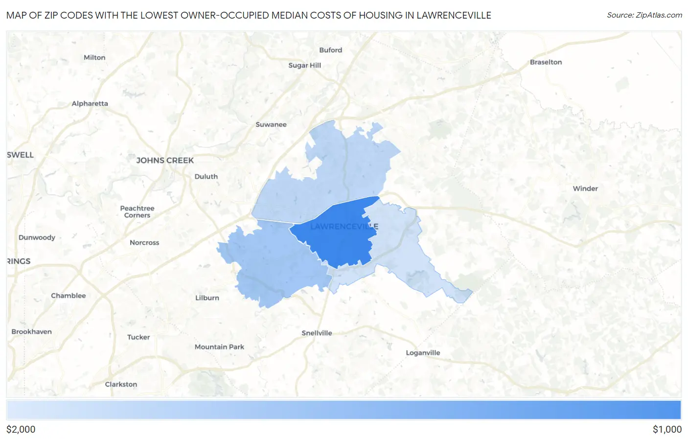 Zip Codes with the Lowest Owner-Occupied Median Costs of Housing in Lawrenceville Map