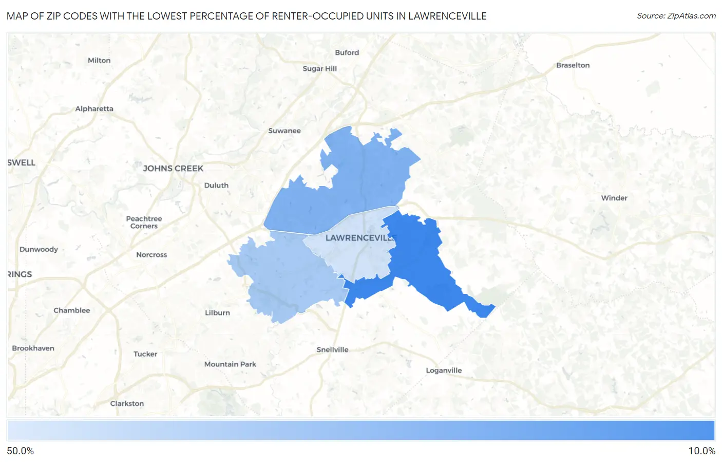 Zip Codes with the Lowest Percentage of Renter-Occupied Units in Lawrenceville Map
