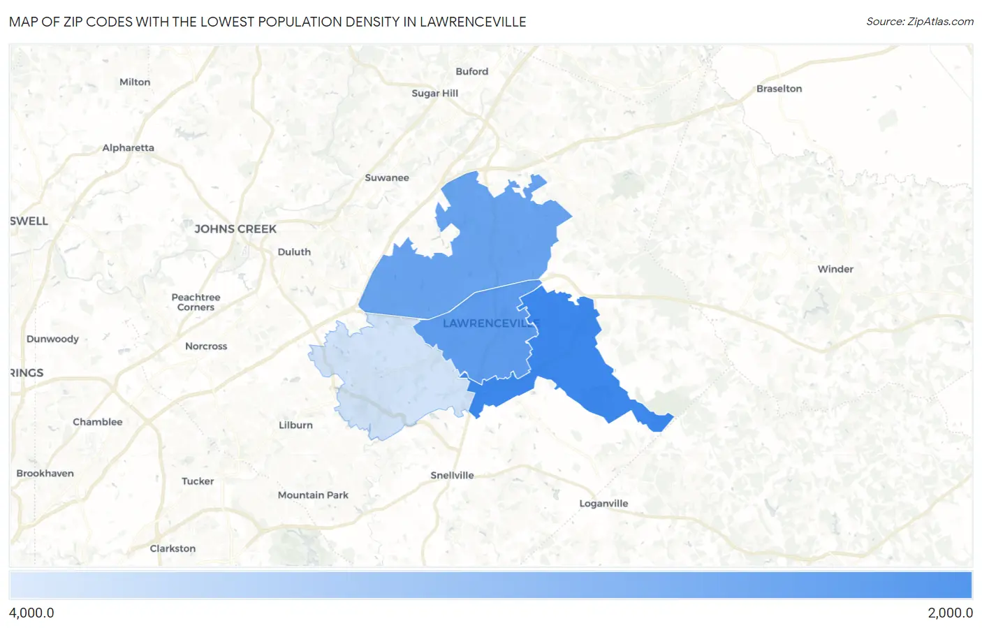 Zip Codes with the Lowest Population Density in Lawrenceville Map
