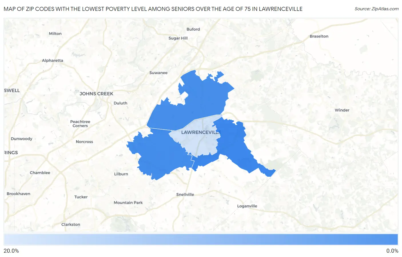 Zip Codes with the Lowest Poverty Level Among Seniors Over the Age of 75 in Lawrenceville Map