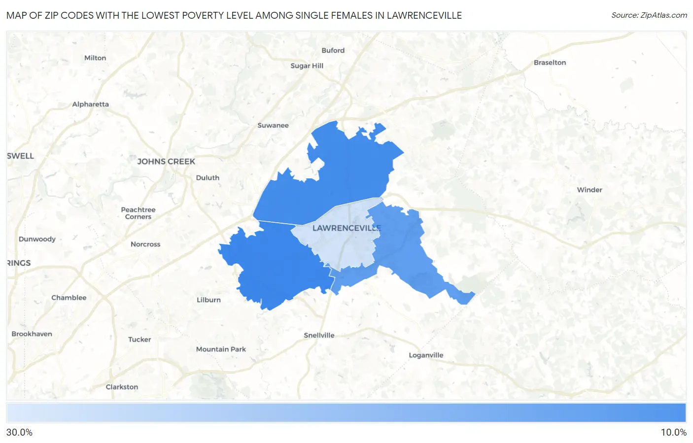 Zip Codes with the Lowest Poverty Level Among Single Females in Lawrenceville Map
