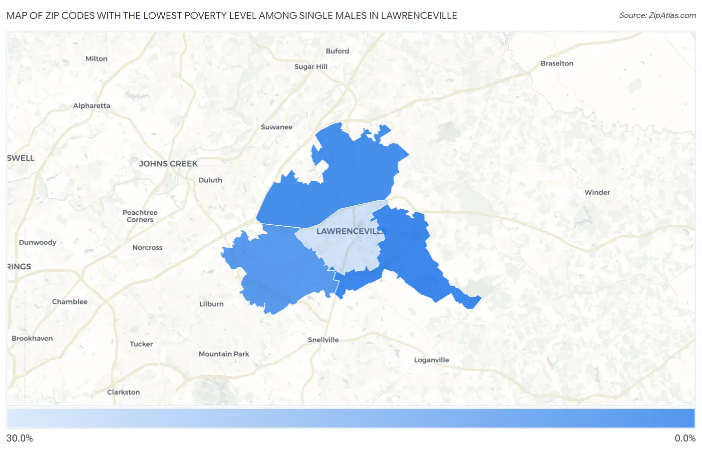 Zip Codes with the Lowest Poverty Level Among Single Males in Lawrenceville Map