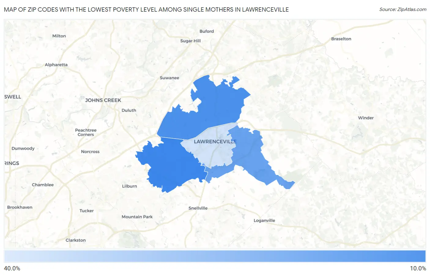 Zip Codes with the Lowest Poverty Level Among Single Mothers in Lawrenceville Map