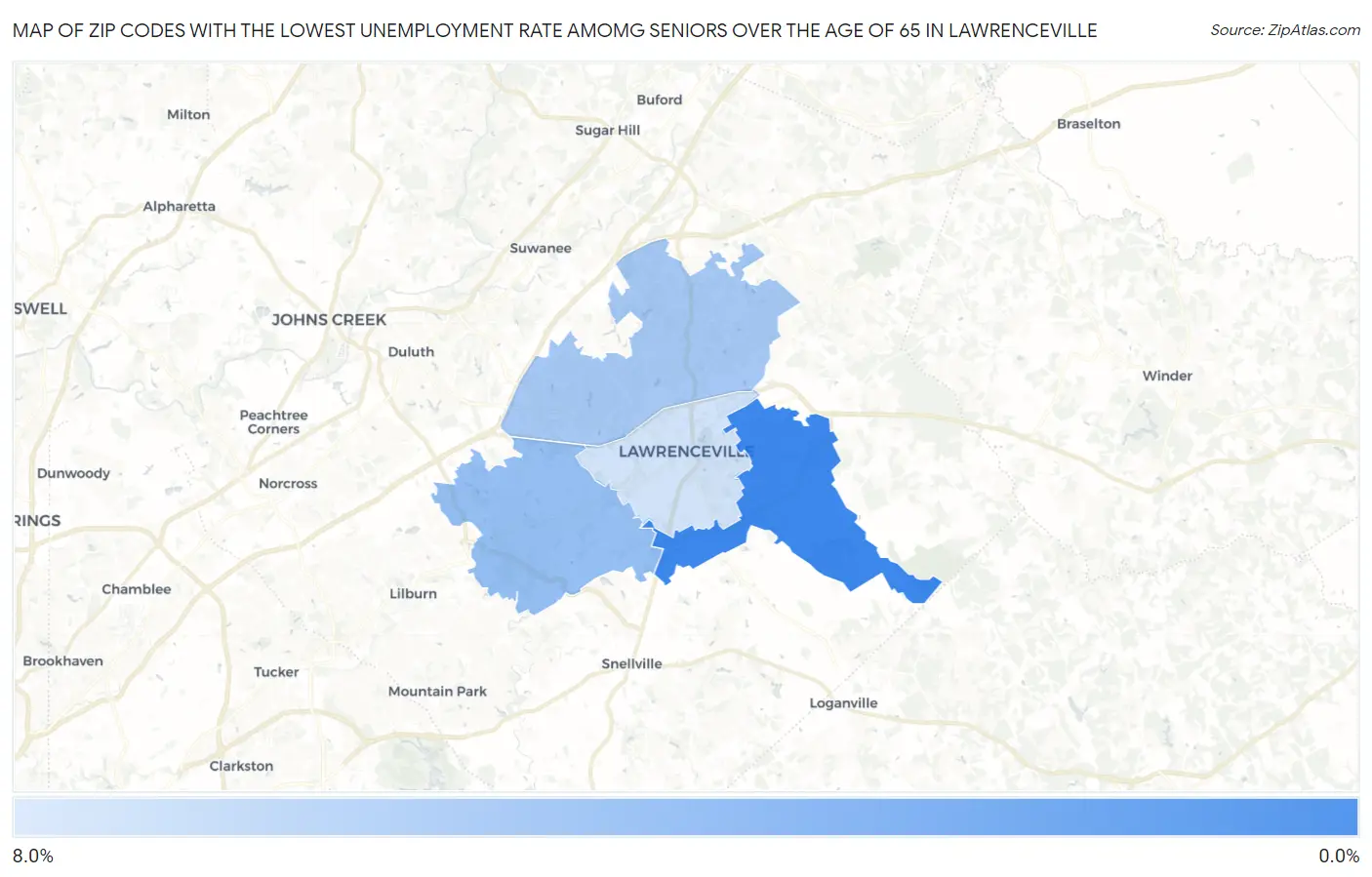 Zip Codes with the Lowest Unemployment Rate Amomg Seniors Over the Age of 65 in Lawrenceville Map