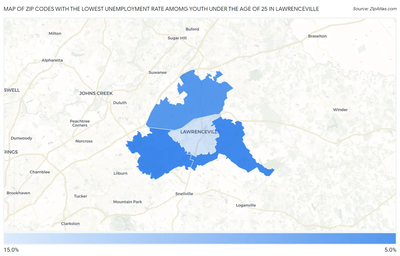 Zip Codes with the Lowest Unemployment Rate Amomg Youth Under the Age of 25 in Lawrenceville Map