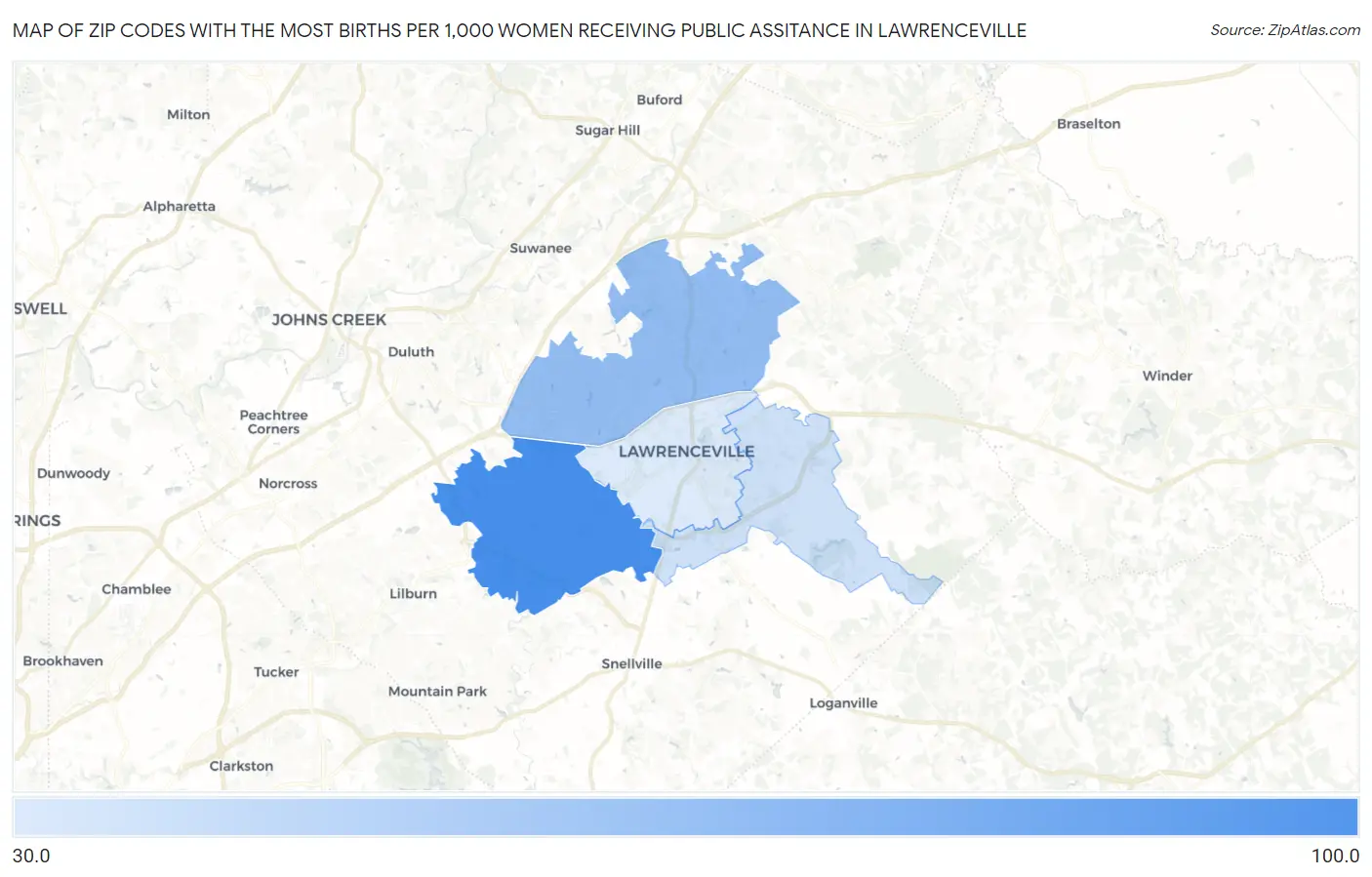 Zip Codes with the Most Births per 1,000 Women Receiving Public Assitance in Lawrenceville Map
