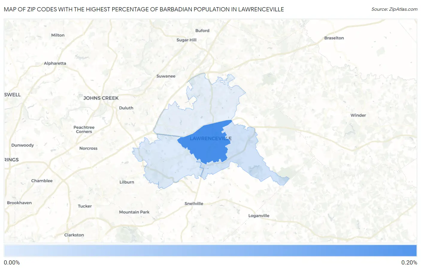 Zip Codes with the Highest Percentage of Barbadian Population in Lawrenceville Map