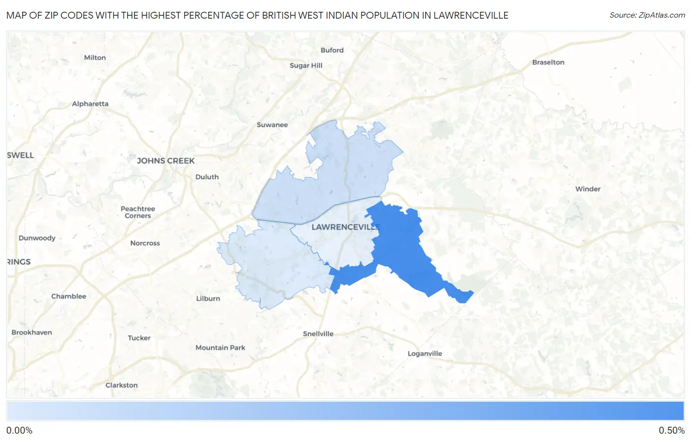 Zip Codes with the Highest Percentage of British West Indian Population in Lawrenceville Map