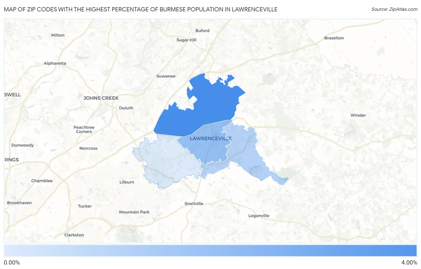 Zip Codes with the Highest Percentage of Burmese Population in Lawrenceville Map