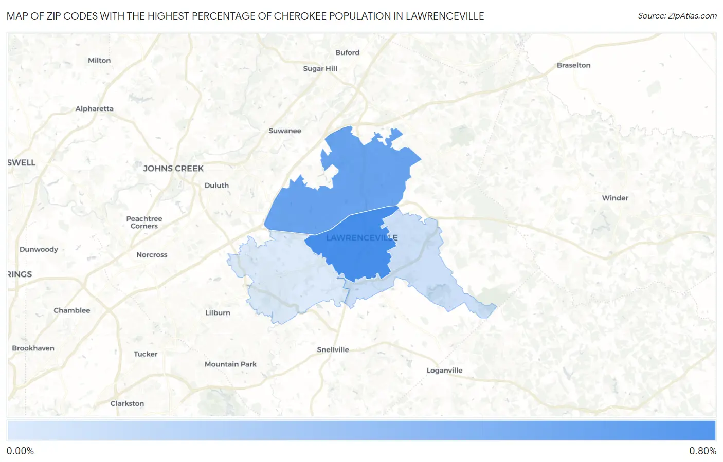 Zip Codes with the Highest Percentage of Cherokee Population in Lawrenceville Map