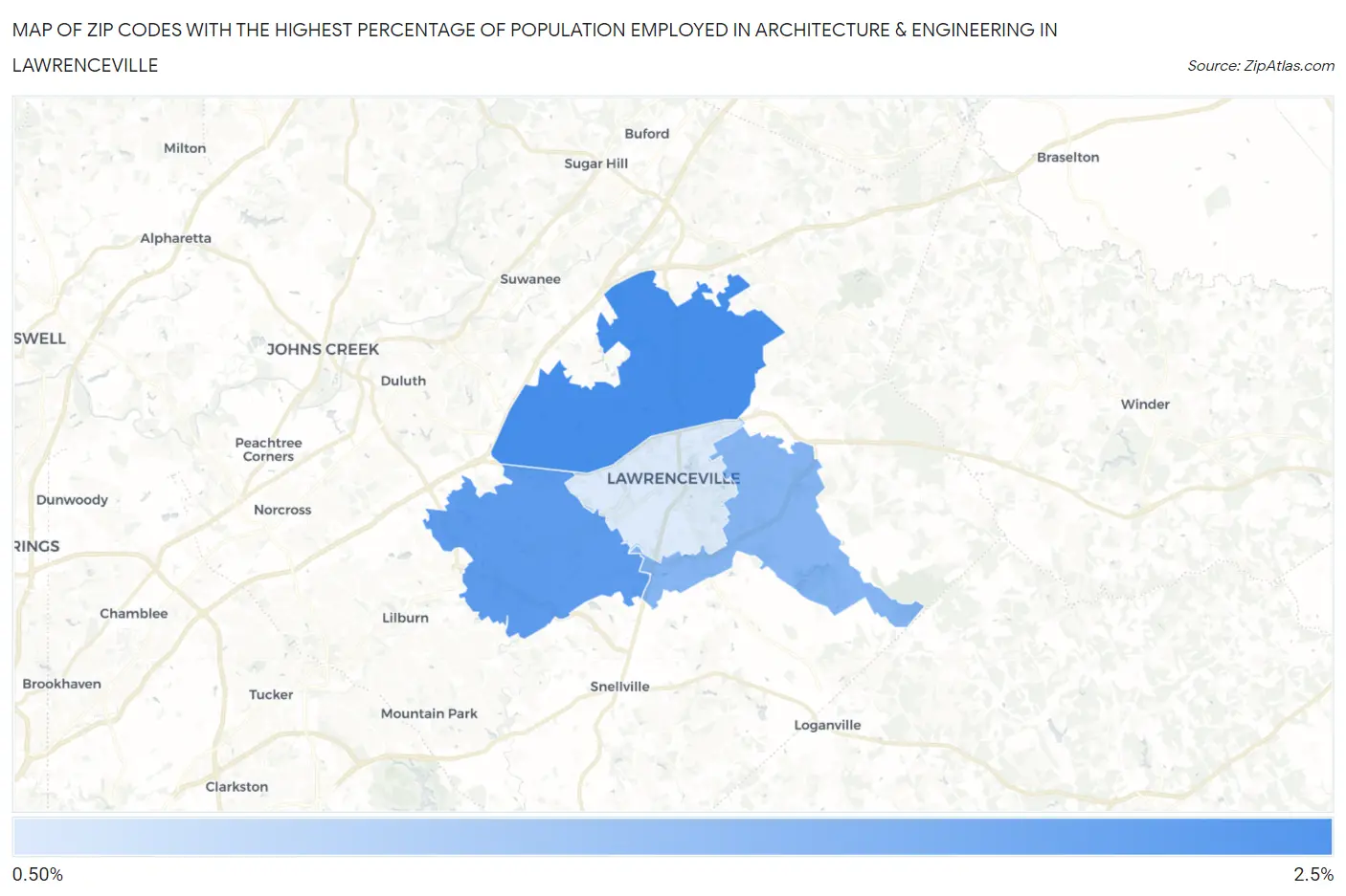 Zip Codes with the Highest Percentage of Population Employed in Architecture & Engineering in Lawrenceville Map