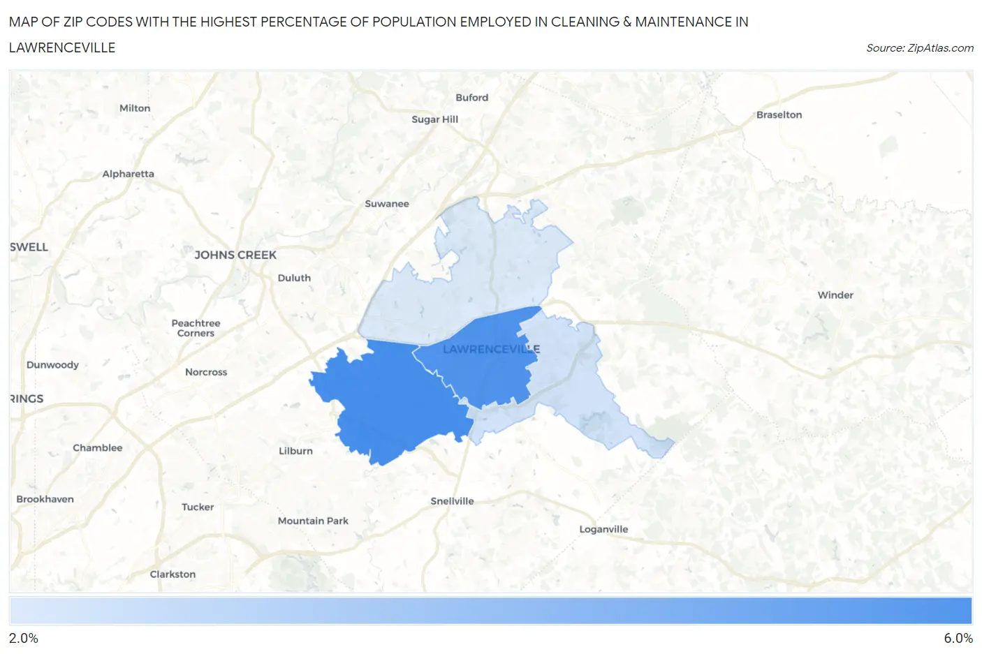 Zip Codes with the Highest Percentage of Population Employed in Cleaning & Maintenance in Lawrenceville Map