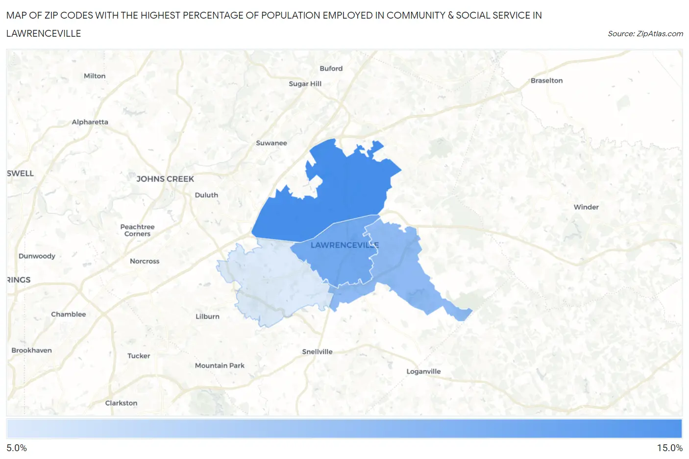 Zip Codes with the Highest Percentage of Population Employed in Community & Social Service  in Lawrenceville Map