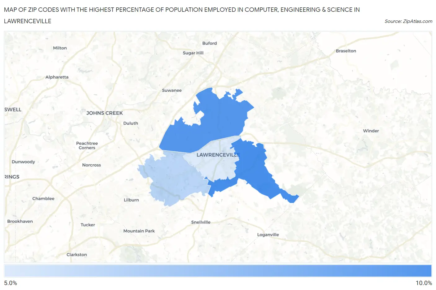 Zip Codes with the Highest Percentage of Population Employed in Computer, Engineering & Science in Lawrenceville Map