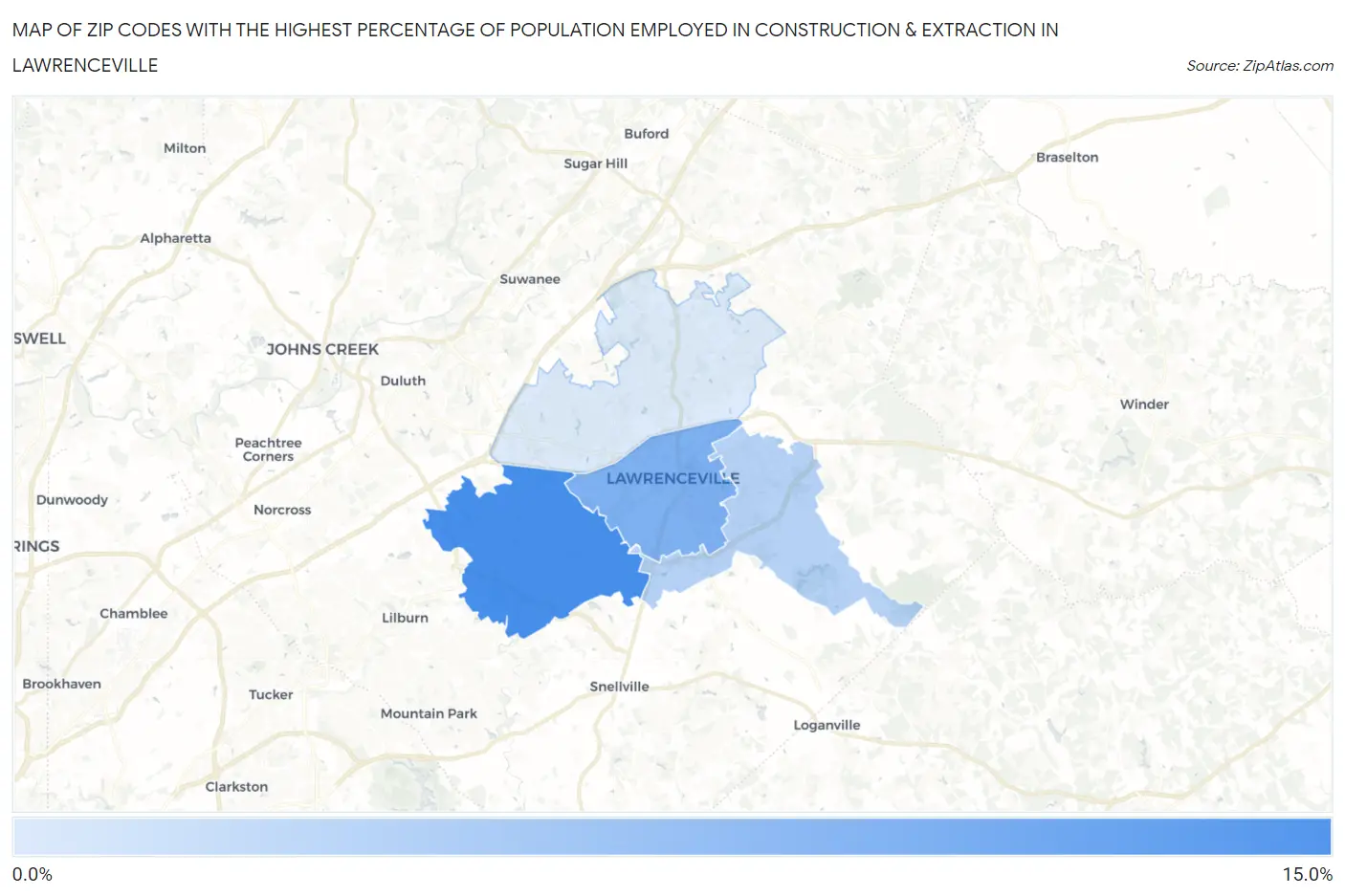 Zip Codes with the Highest Percentage of Population Employed in Construction & Extraction in Lawrenceville Map