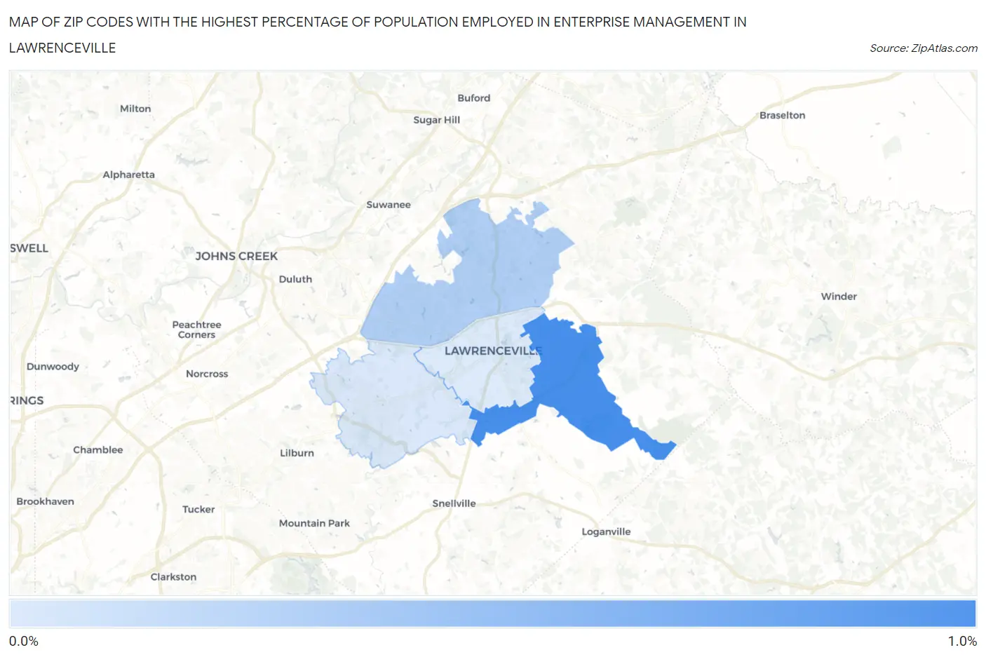 Zip Codes with the Highest Percentage of Population Employed in Enterprise Management in Lawrenceville Map