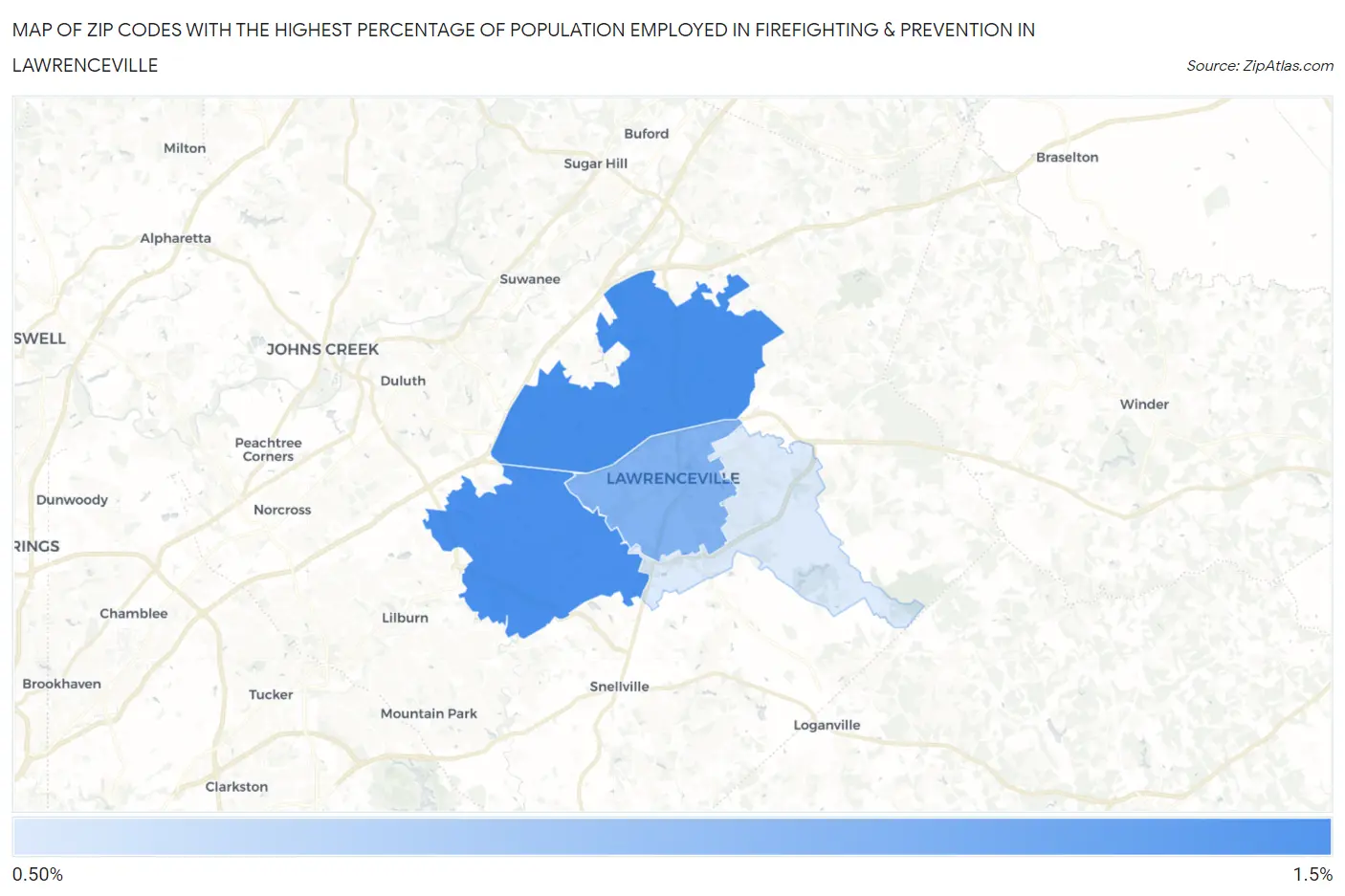 Zip Codes with the Highest Percentage of Population Employed in Firefighting & Prevention in Lawrenceville Map