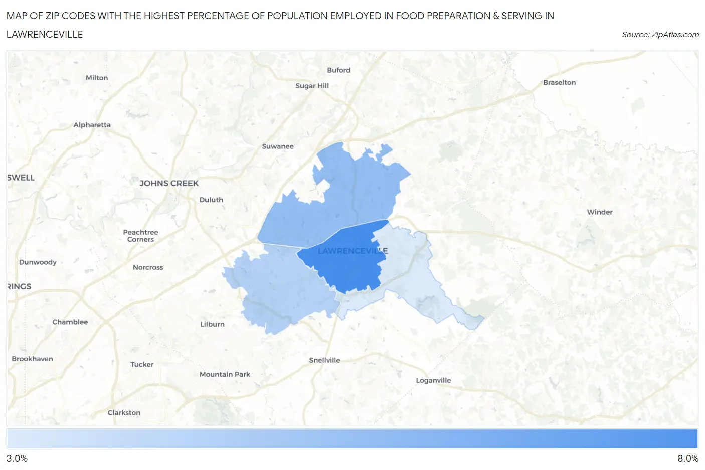 Zip Codes with the Highest Percentage of Population Employed in Food Preparation & Serving in Lawrenceville Map