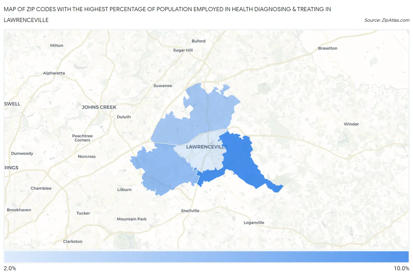 Zip Codes with the Highest Percentage of Population Employed in Health Diagnosing & Treating in Lawrenceville Map