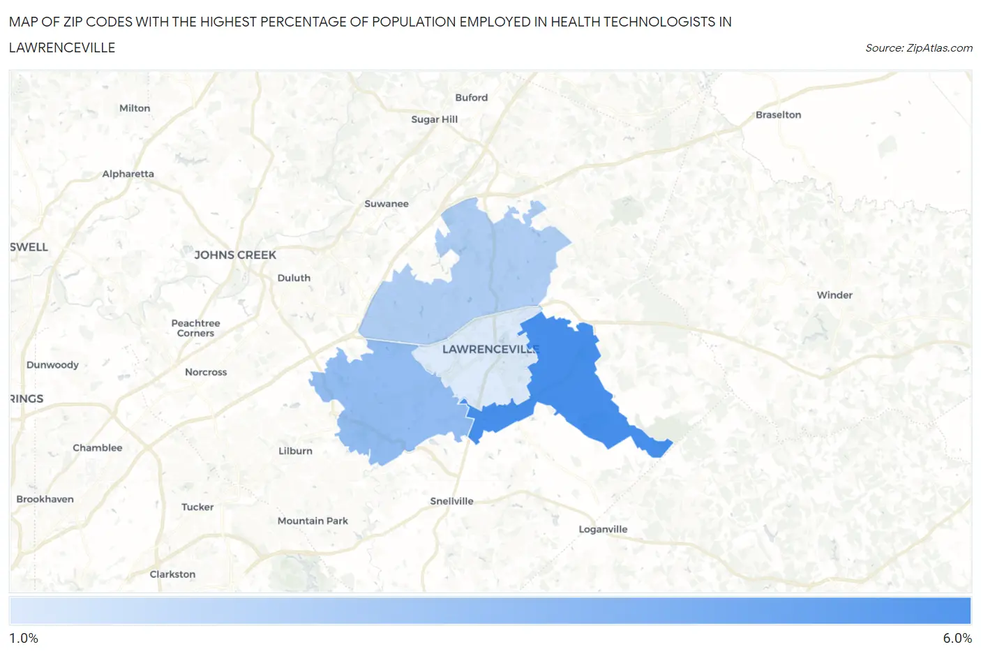 Zip Codes with the Highest Percentage of Population Employed in Health Technologists in Lawrenceville Map