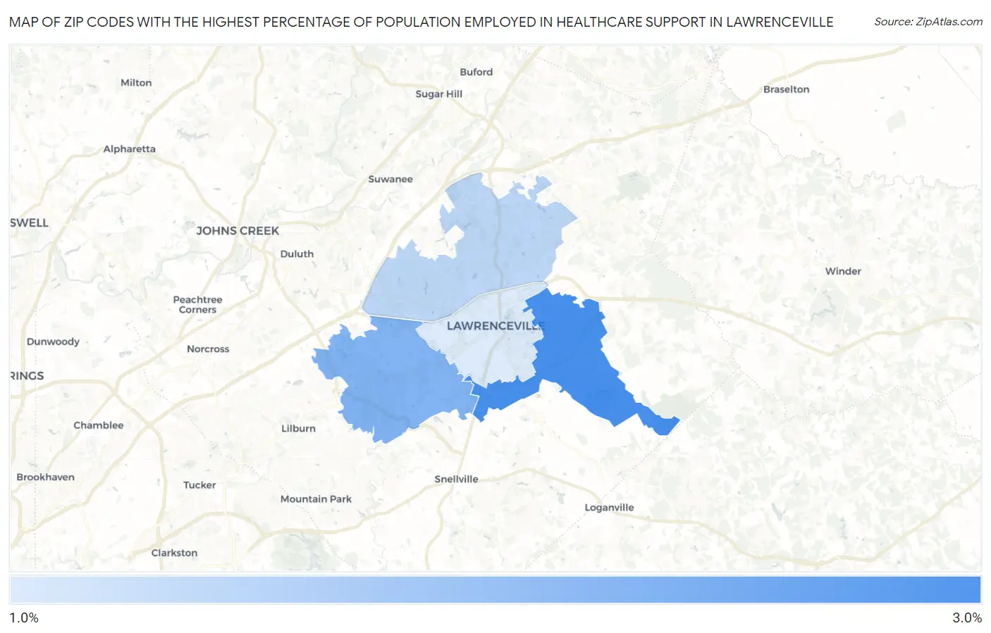 Zip Codes with the Highest Percentage of Population Employed in Healthcare Support in Lawrenceville Map