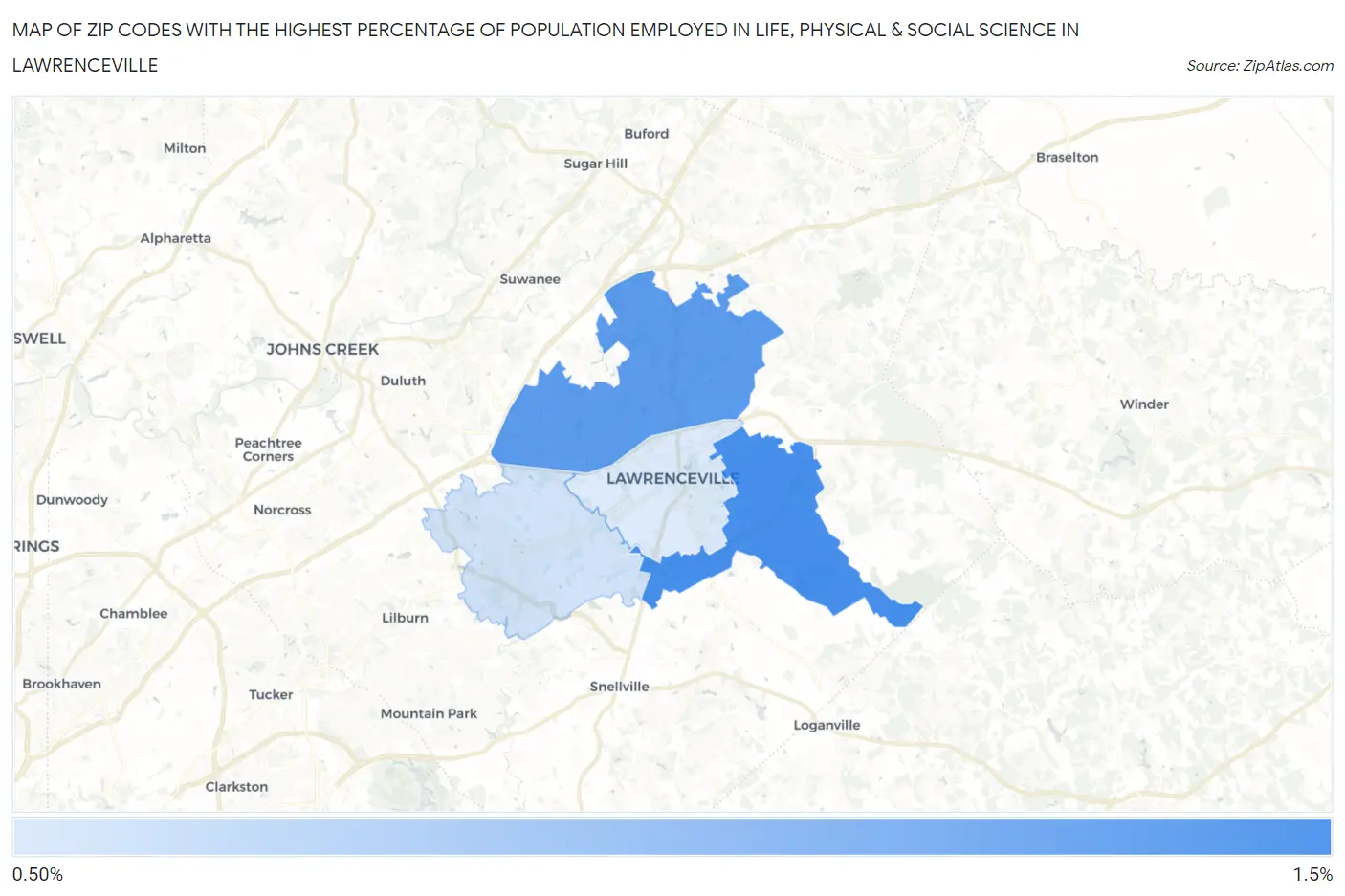 Zip Codes with the Highest Percentage of Population Employed in Life, Physical & Social Science in Lawrenceville Map