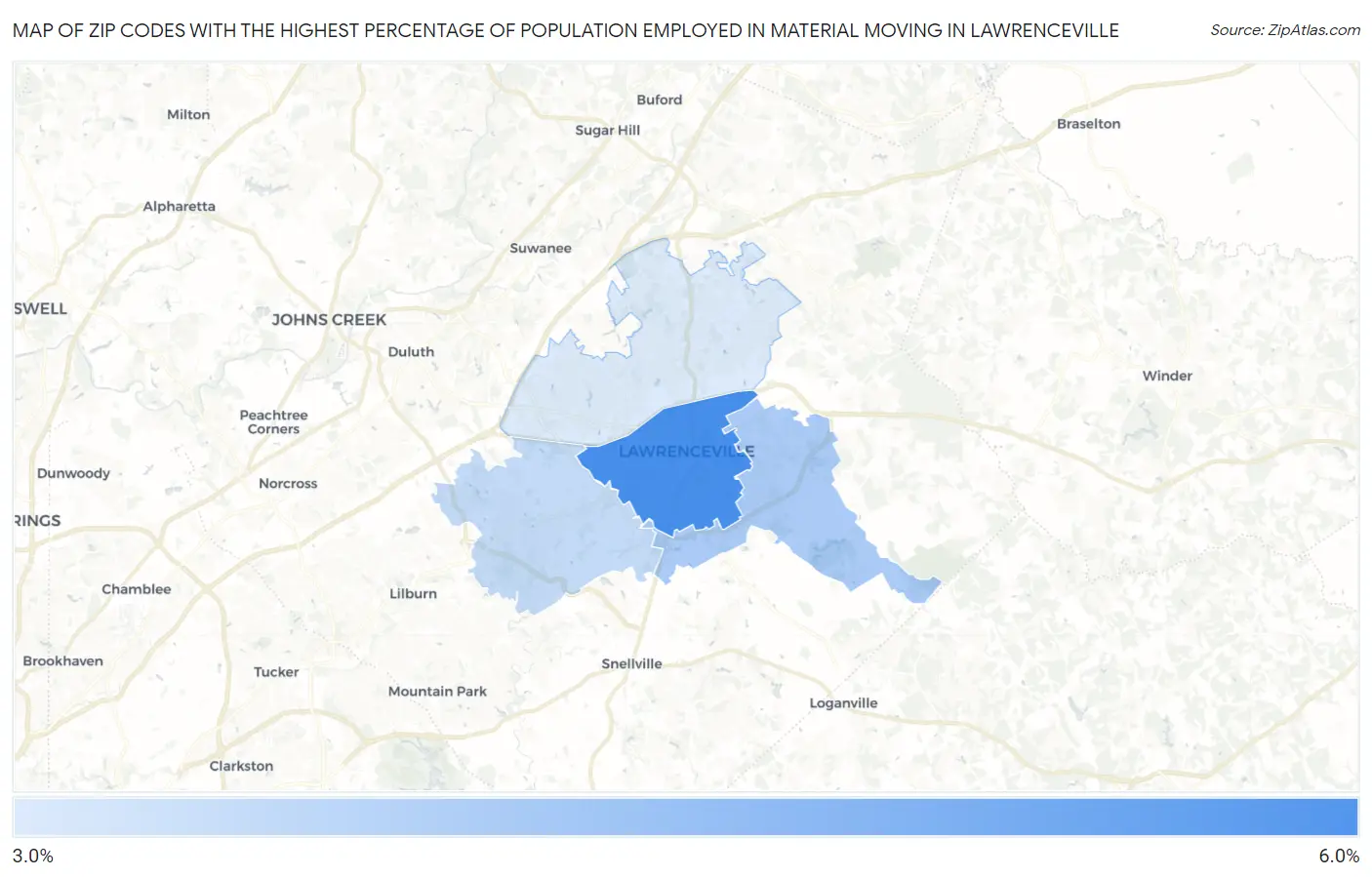 Zip Codes with the Highest Percentage of Population Employed in Material Moving in Lawrenceville Map
