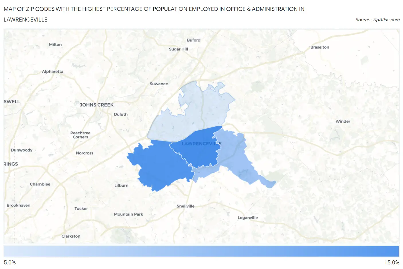 Zip Codes with the Highest Percentage of Population Employed in Office & Administration in Lawrenceville Map