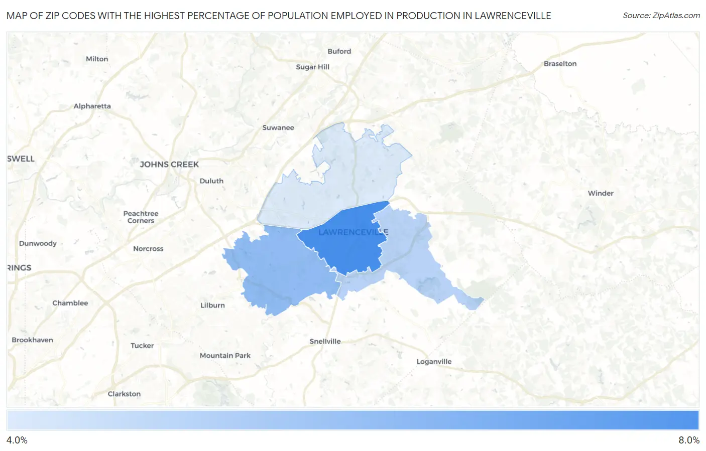 Zip Codes with the Highest Percentage of Population Employed in Production in Lawrenceville Map