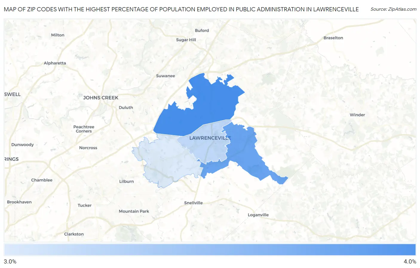 Zip Codes with the Highest Percentage of Population Employed in Public Administration in Lawrenceville Map