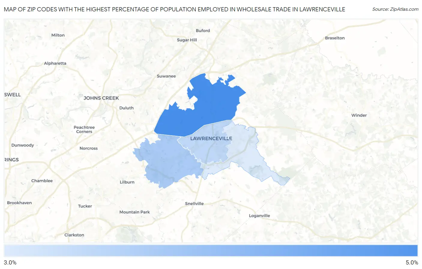 Zip Codes with the Highest Percentage of Population Employed in Wholesale Trade in Lawrenceville Map