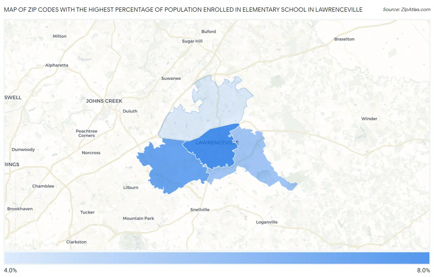 Zip Codes with the Highest Percentage of Population Enrolled in Elementary School in Lawrenceville Map