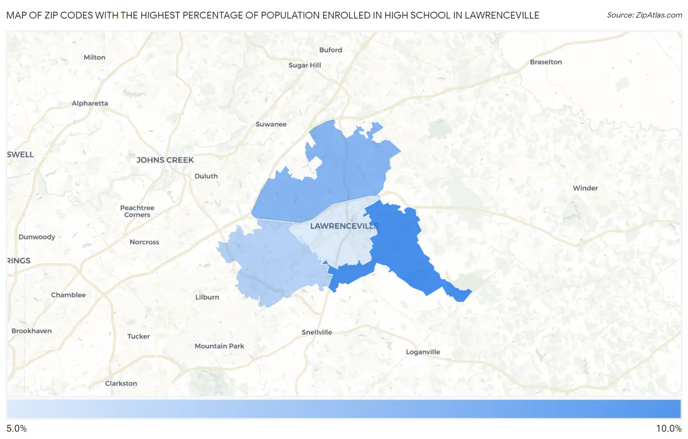 Zip Codes with the Highest Percentage of Population Enrolled in High School in Lawrenceville Map