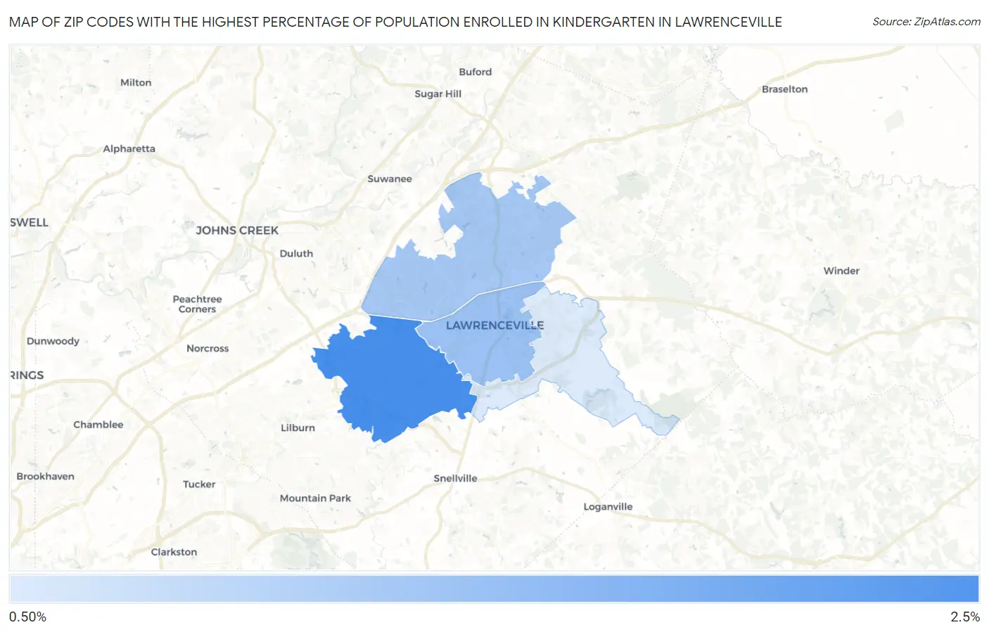 Zip Codes with the Highest Percentage of Population Enrolled in Kindergarten in Lawrenceville Map