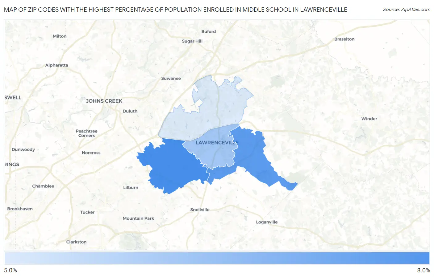 Zip Codes with the Highest Percentage of Population Enrolled in Middle School in Lawrenceville Map