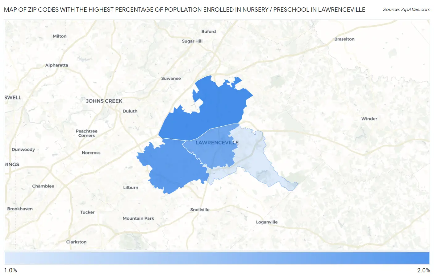 Zip Codes with the Highest Percentage of Population Enrolled in Nursery / Preschool in Lawrenceville Map