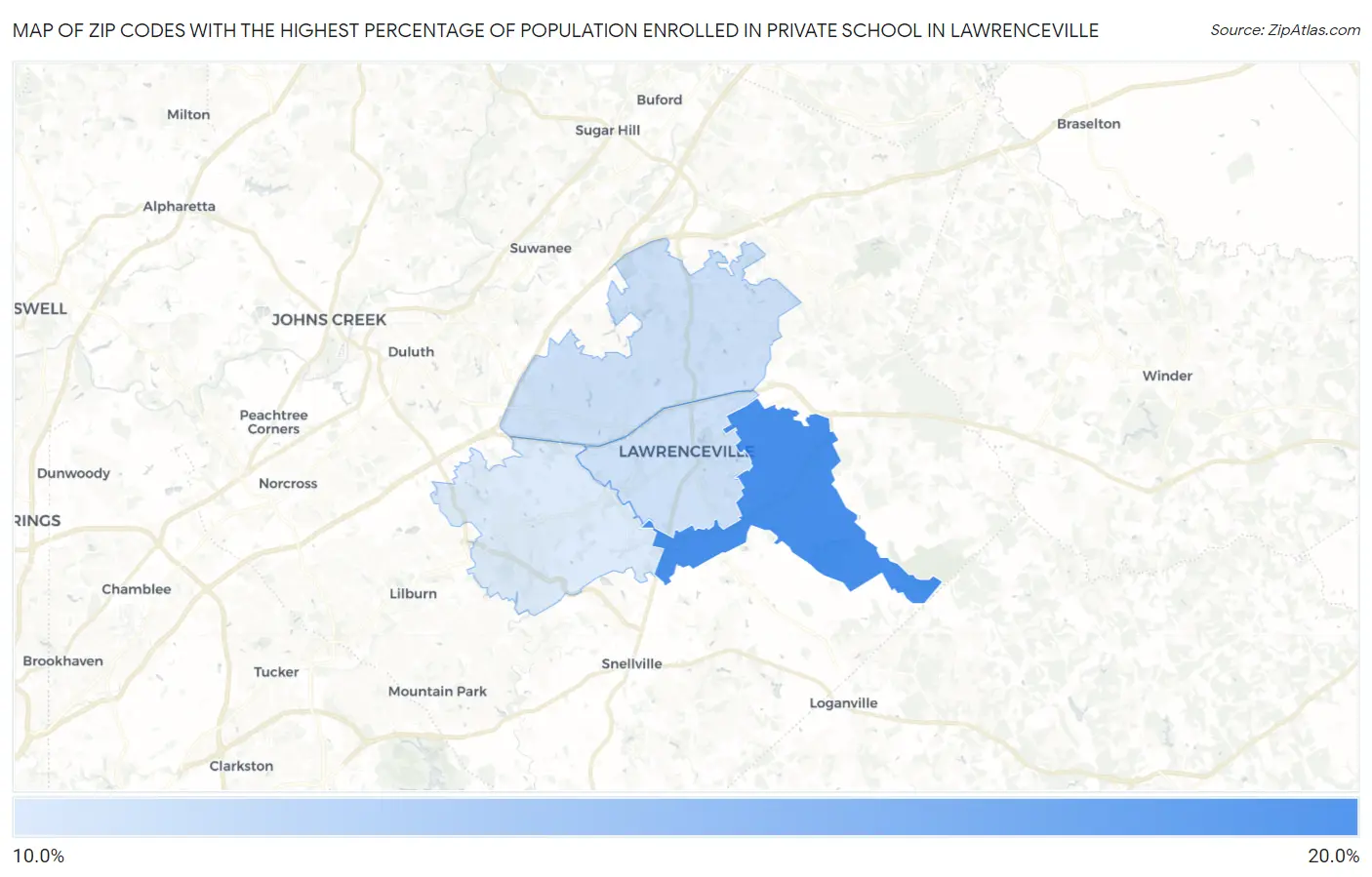 Zip Codes with the Highest Percentage of Population Enrolled in Private School in Lawrenceville Map