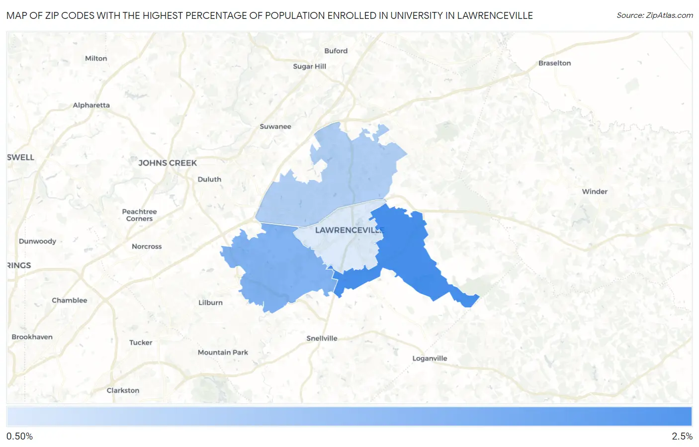 Zip Codes with the Highest Percentage of Population Enrolled in University in Lawrenceville Map