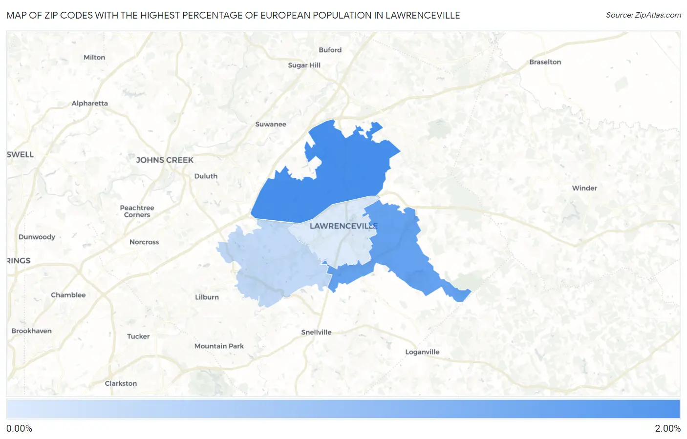 Zip Codes with the Highest Percentage of European Population in Lawrenceville Map