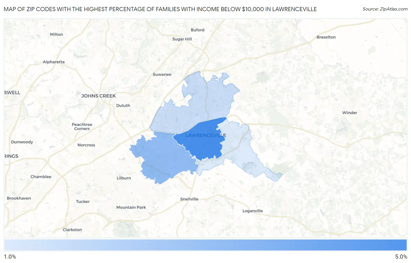 Zip Codes with the Highest Percentage of Families with Income Below $10,000 in Lawrenceville Map
