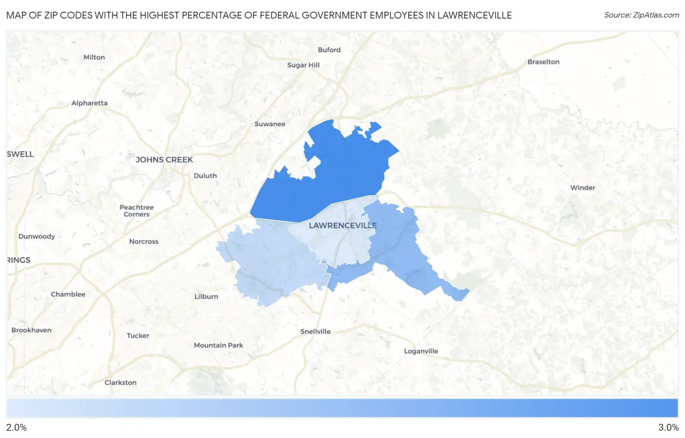 Zip Codes with the Highest Percentage of Federal Government Employees in Lawrenceville Map