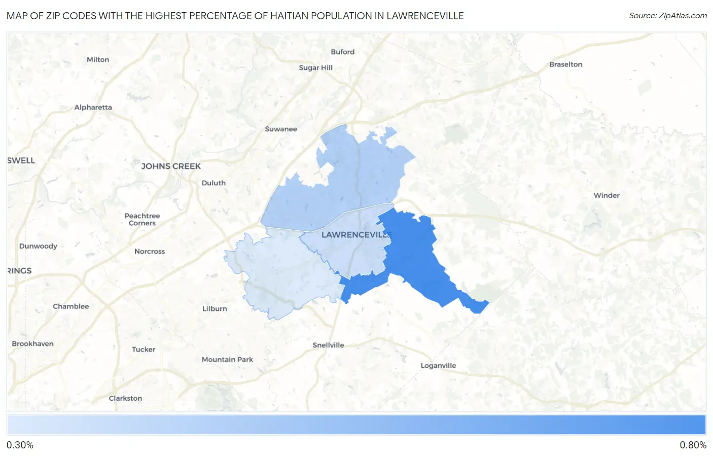 Zip Codes with the Highest Percentage of Haitian Population in Lawrenceville Map