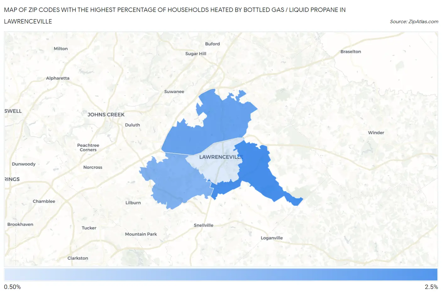 Zip Codes with the Highest Percentage of Households Heated by Bottled Gas / Liquid Propane in Lawrenceville Map