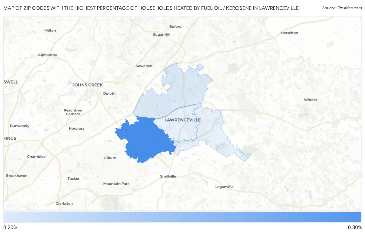 Zip Codes with the Highest Percentage of Households Heated by Fuel Oil / Kerosene in Lawrenceville Map