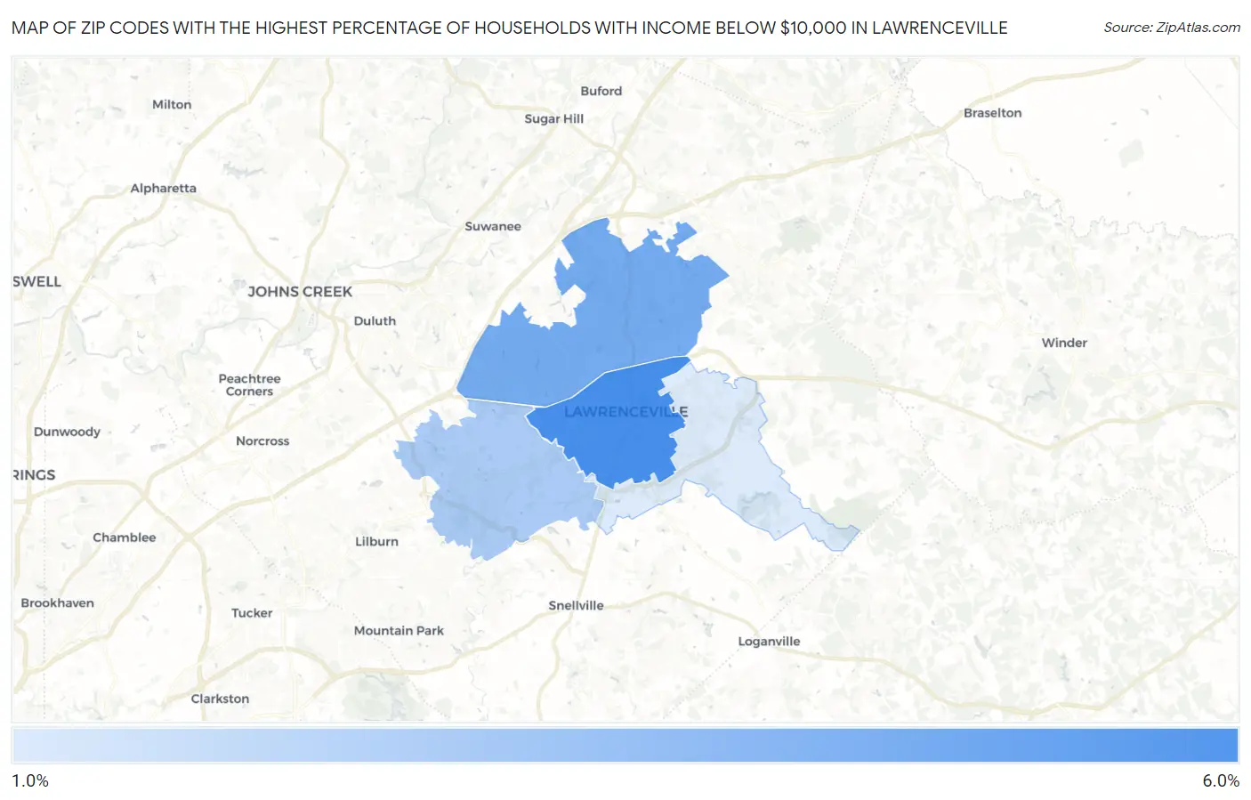Zip Codes with the Highest Percentage of Households with Income Below $10,000 in Lawrenceville Map